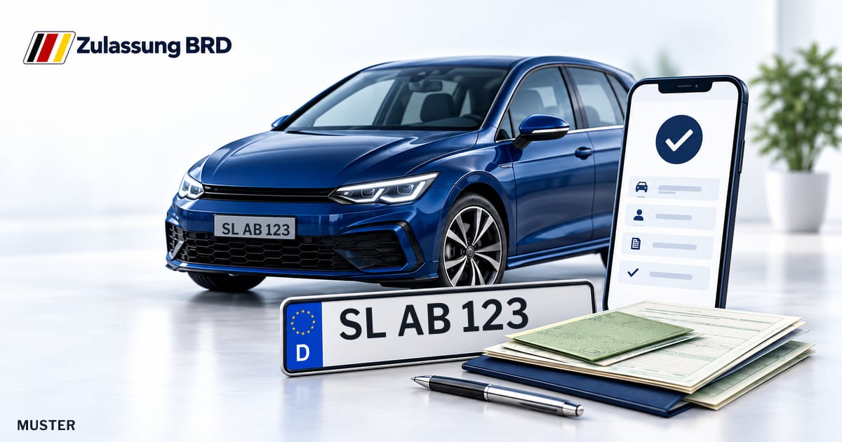 Online Fahrzeugzulassung in Landkreis Schleswig-Flensburg: Musterkennzeichen SL AB 123, Auto und Fahrzeugpapiere und Smartphone. Illustration mit Logo von Zulassung BRD.